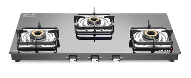 Sujata Classic Gas Stove | 9 Years Warranty | 3 Burner Gas Stove Glass Top, SABAF, ISI Certified, Hob Top, LPG & PNG Compatible, Jumbo Brass Burner (Black) 