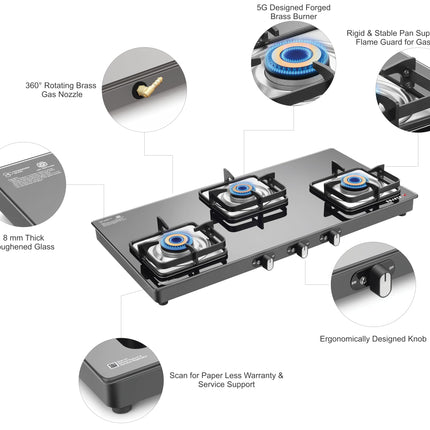 Sujata Classic Gas Stove | 9 Years Warranty | 3 Burner Gas Stove Glass Top, SABAF, ISI Certified, Hob Top, LPG & PNG Compatible, Jumbo Brass Burner (Black) 