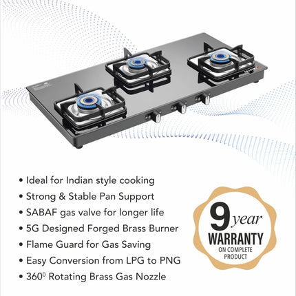 Sujata Classic Gas Stove | 9 Years Warranty | 3 Burner Gas Stove Glass Top, SABAF, ISI Certified, Hob Top, LPG & PNG Compatible, Jumbo Brass Burner (Black) 