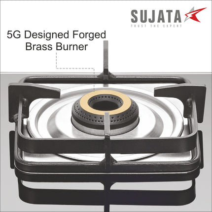 Sujata Classic Gas Stove | 9 Years Warranty | 3 Burner Gas Stove Glass Top, SABAF, ISI Certified, Hob Top, LPG & PNG Compatible, Jumbo Brass Burner (Black) 