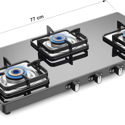 Sujata Classic Gas Stove | 9 Years Warranty | 3 Burner Gas Stove Glass Top, SABAF, ISI Certified, Hob Top, LPG & PNG Compatible, Jumbo Brass Burner (Black) 