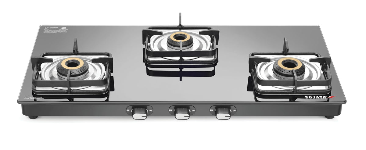 Sujata Classic Gas Stove | 9 Years Warranty | 3 Burner Gas Stove Glass Top, SABAF, ISI Certified, Hob Top, LPG & PNG Compatible, Jumbo Brass Burner (Black) 