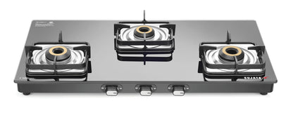 Sujata Classic Gas Stove | 9 Years Warranty | 3 Burner Gas Stove Glass Top, SABAF, ISI Certified, Hob Top, LPG & PNG Compatible, Jumbo Brass Burner (Black) 