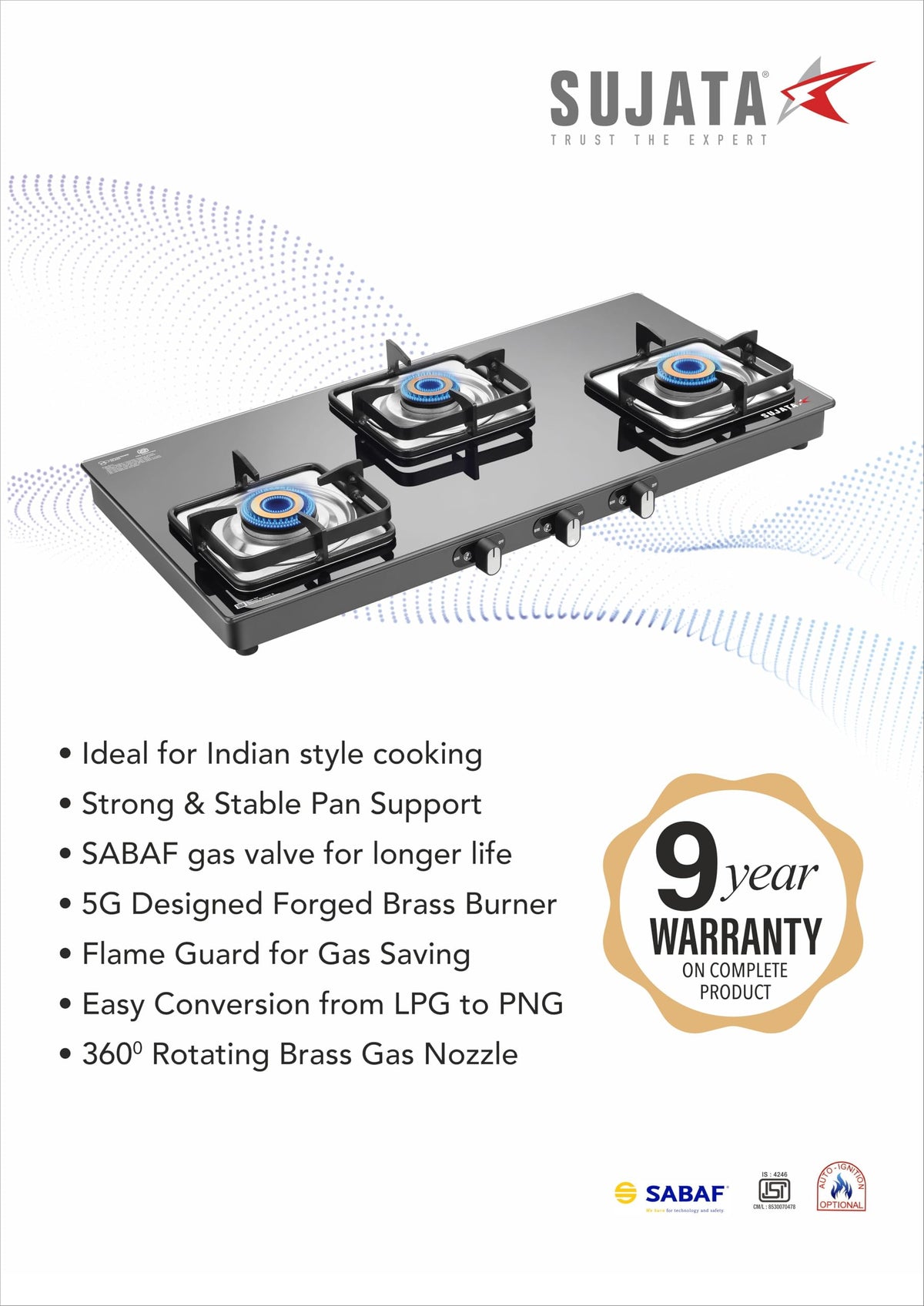 Sujata Classic Gas Stove | 9 Years Warranty | 3 Burner Gas Stove Glass Top, SABAF, ISI Certified, Hob Top, LPG & PNG Compatible, Jumbo Brass Burner (Black) 