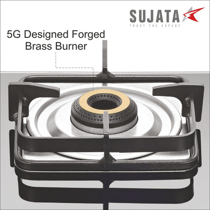 Sujata Classic Gas Stove | 9 Years Warranty | 3 Burner Gas Stove Glass Top, SABAF, ISI Certified, Hob Top, LPG & PNG Compatible, Jumbo Brass Burner (Black) 