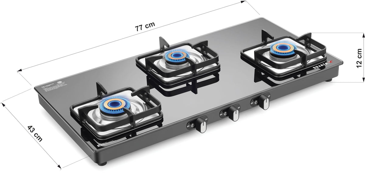 Sujata Classic Gas Stove | 9 Years Warranty | 3 Burner Gas Stove Glass Top, SABAF, ISI Certified, Hob Top, LPG & PNG Compatible, Jumbo Brass Burner (Black) 