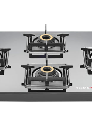 Sujata Cross Gas Stove | 9 Years Warranty | 4 Burner Gas Stove Glass Top, SABAF, ISI Certified, LPG & PNG Compatible, 360° Rotating Brass Gas Nozzle, Jumbo Brass Burner (Black) 