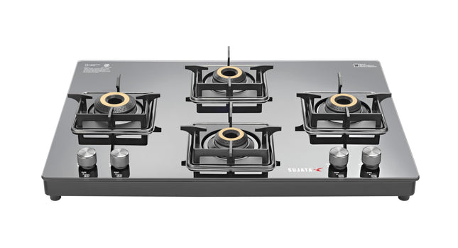 Sujata Cross Gas Stove | 9 Years Warranty | 4 Burner Gas Stove Glass Top, SABAF, ISI Certified, LPG & PNG Compatible, 360° Rotating Brass Gas Nozzle, Jumbo Brass Burner (Black) 