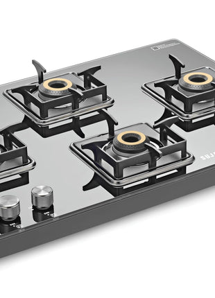 Sujata Cross Gas Stove | 9 Years Warranty | 4 Burner Gas Stove Glass Top, SABAF, ISI Certified, LPG & PNG Compatible, 360° Rotating Brass Gas Nozzle, Jumbo Brass Burner (Black) 