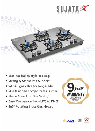 Sujata Cross Gas Stove | 9 Years Warranty | 4 Burner Gas Stove Glass Top, SABAF, ISI Certified, LPG & PNG Compatible, 360° Rotating Brass Gas Nozzle, Jumbo Brass Burner (Black) 