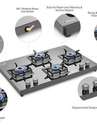 Sujata Cross Gas Stove | 9 Years Warranty | 4 Burner Gas Stove Glass Top, SABAF, ISI Certified, LPG & PNG Compatible, 360° Rotating Brass Gas Nozzle, Jumbo Brass Burner (Black) 