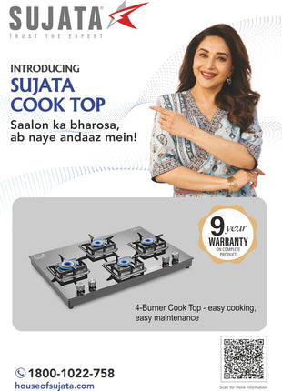 Sujata Cross Gas Stove | 9 Years Warranty | 4 Burner Gas Stove Glass Top, SABAF, ISI Certified, LPG & PNG Compatible, 360° Rotating Brass Gas Nozzle, Jumbo Brass Burner (Black) 