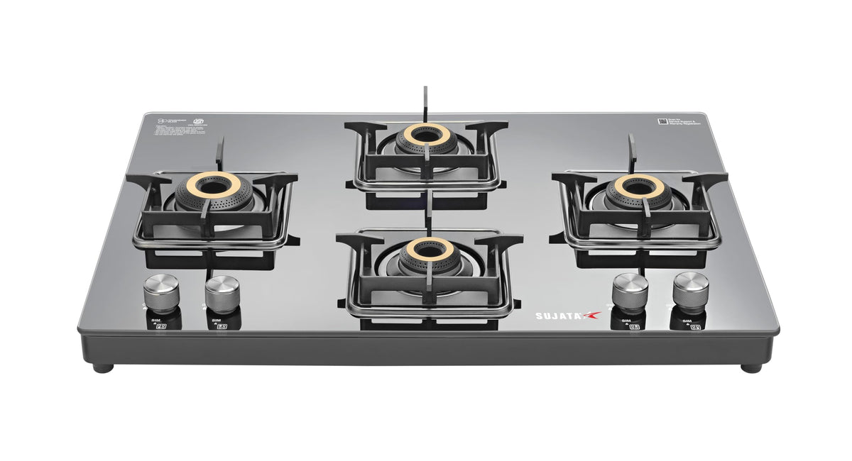 Sujata Cross Gas Stove | 9 Years Warranty | 4 Burner Gas Stove Glass Top, SABAF, ISI Certified, LPG & PNG Compatible, 360° Rotating Brass Gas Nozzle, Jumbo Brass Burner (Black) 