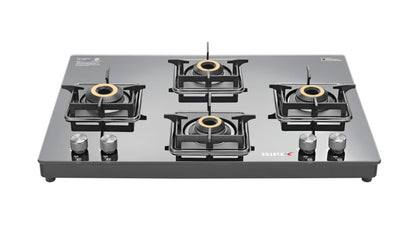 Sujata Cross Gas Stove | 9 Years Warranty | 4 Burner Gas Stove Glass Top, SABAF, ISI Certified, LPG & PNG Compatible, 360° Rotating Brass Gas Nozzle, Jumbo Brass Burner (Black) 