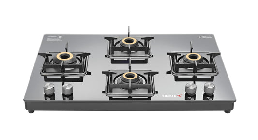 Sujata Cross Gas Stove | 9 Years Warranty | 4 Burner Gas Stove Glass Top, SABAF, ISI Certified, LPG & PNG Compatible, 360° Rotating Brass Gas Nozzle, Jumbo Brass Burner (Black) 