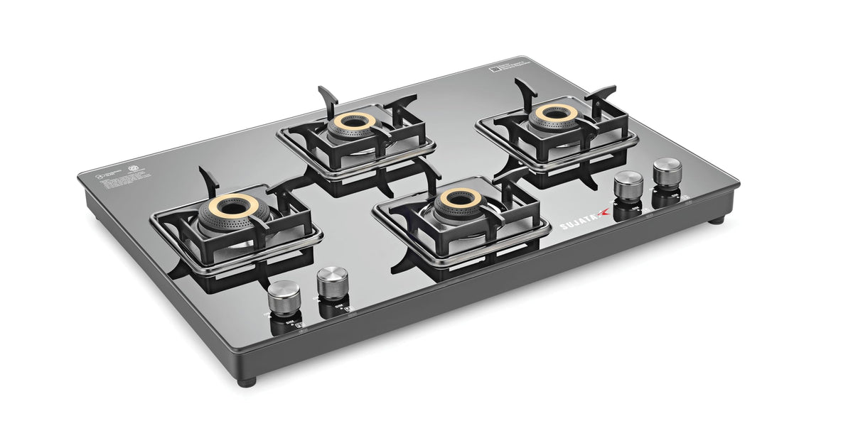 Sujata Cross Gas Stove | 9 Years Warranty | 4 Burner Gas Stove Glass Top, SABAF, ISI Certified, LPG & PNG Compatible, 360° Rotating Brass Gas Nozzle, Jumbo Brass Burner (Black) 
