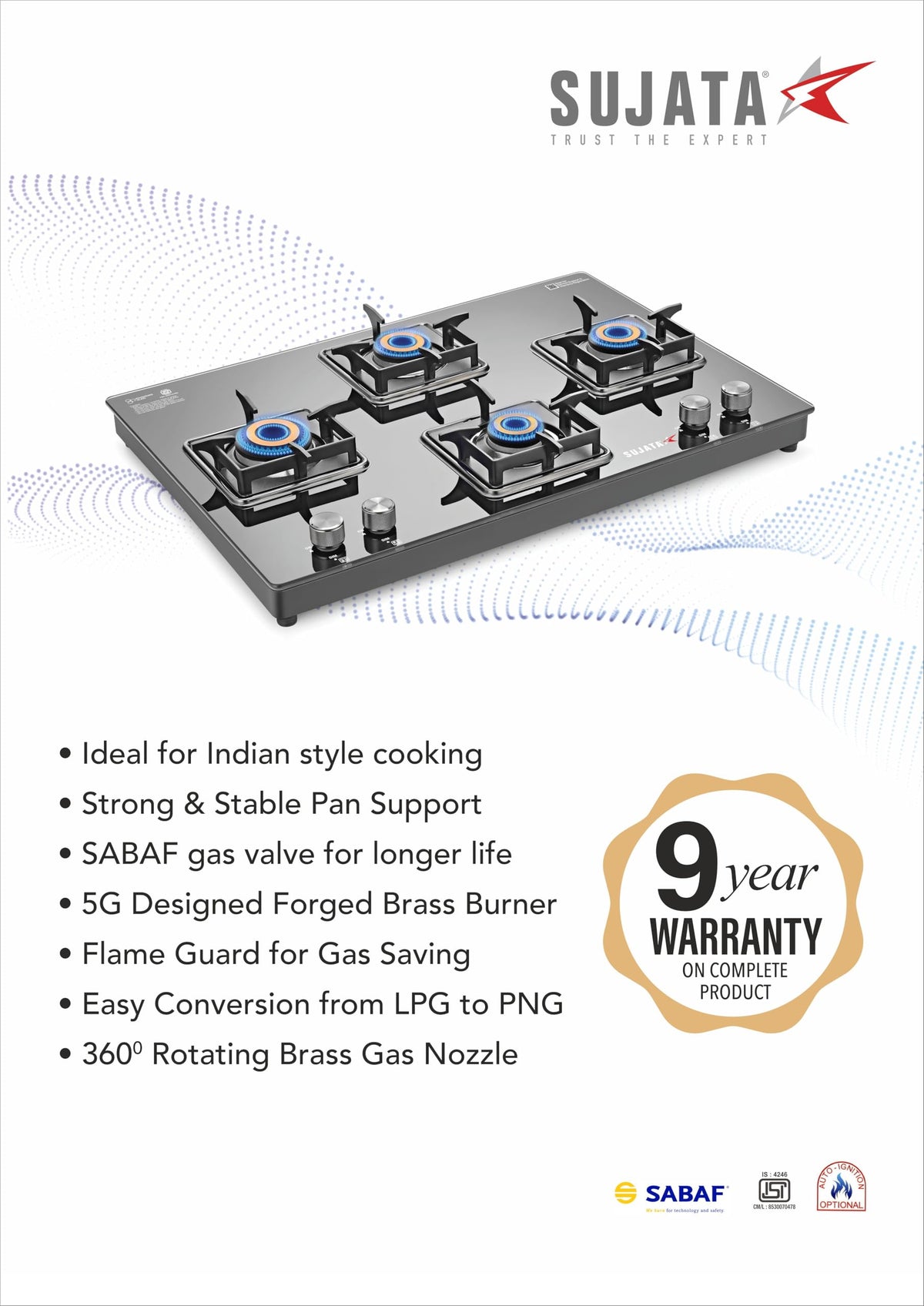 Sujata Cross Gas Stove | 9 Years Warranty | 4 Burner Gas Stove Glass Top, SABAF, ISI Certified, LPG & PNG Compatible, 360° Rotating Brass Gas Nozzle, Jumbo Brass Burner (Black) 
