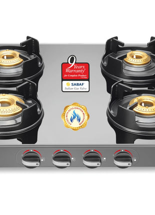Sujata Deluxe Auto Ignition Gas Stove | 9 Years Warranty | Gas Stove 4 Burners Glass Top, 4 Burner Stove, SABAF, ISI Certified, LPG & PNG Compatible, Jumbo Brass Burner (Black) 