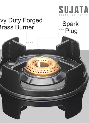Sujata Deluxe Auto Ignition Gas Stove | 9 Years Warranty | Gas Stove 4 Burners Glass Top, 4 Burner Stove, SABAF, ISI Certified, LPG & PNG Compatible, Jumbo Brass Burner (Black) 