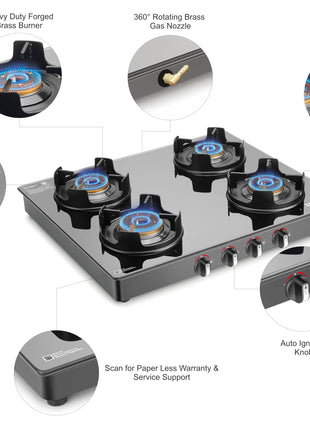 Sujata Deluxe Auto Ignition Gas Stove | 9 Years Warranty | Gas Stove 4 Burners Glass Top, 4 Burner Stove, SABAF, ISI Certified, LPG & PNG Compatible, Jumbo Brass Burner (Black) 