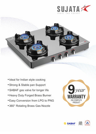 Sujata Deluxe Auto Ignition Gas Stove | 9 Years Warranty | Gas Stove 4 Burners Glass Top, 4 Burner Stove, SABAF, ISI Certified, LPG & PNG Compatible, Jumbo Brass Burner (Black) 