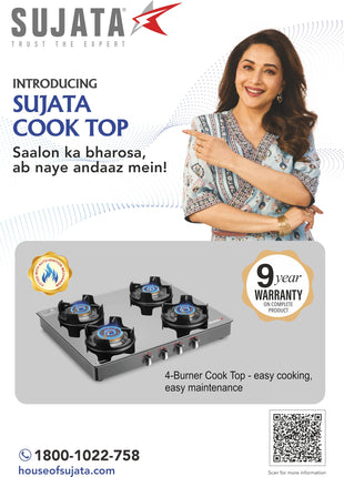 Sujata Deluxe Auto Ignition Gas Stove | 9 Years Warranty | Gas Stove 4 Burners Glass Top, 4 Burner Stove, SABAF, ISI Certified, LPG & PNG Compatible, Jumbo Brass Burner (Black) 