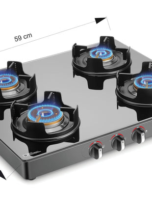 Sujata Deluxe Auto Ignition Gas Stove | 9 Years Warranty | Gas Stove 4 Burners Glass Top, 4 Burner Stove, SABAF, ISI Certified, LPG & PNG Compatible, Jumbo Brass Burner (Black) 