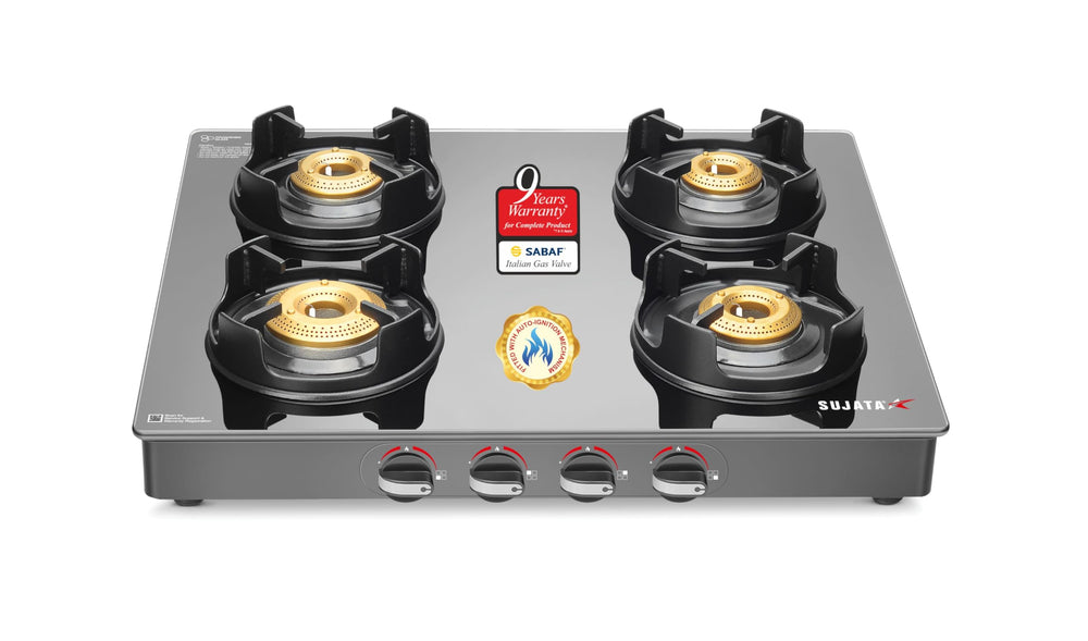 Sujata Deluxe Auto Ignition Gas Stove | 9 Years Warranty | Gas Stove 4 Burners Glass Top, 4 Burner Stove, SABAF, ISI Certified, LPG & PNG Compatible, Jumbo Brass Burner (Black) price under 20000