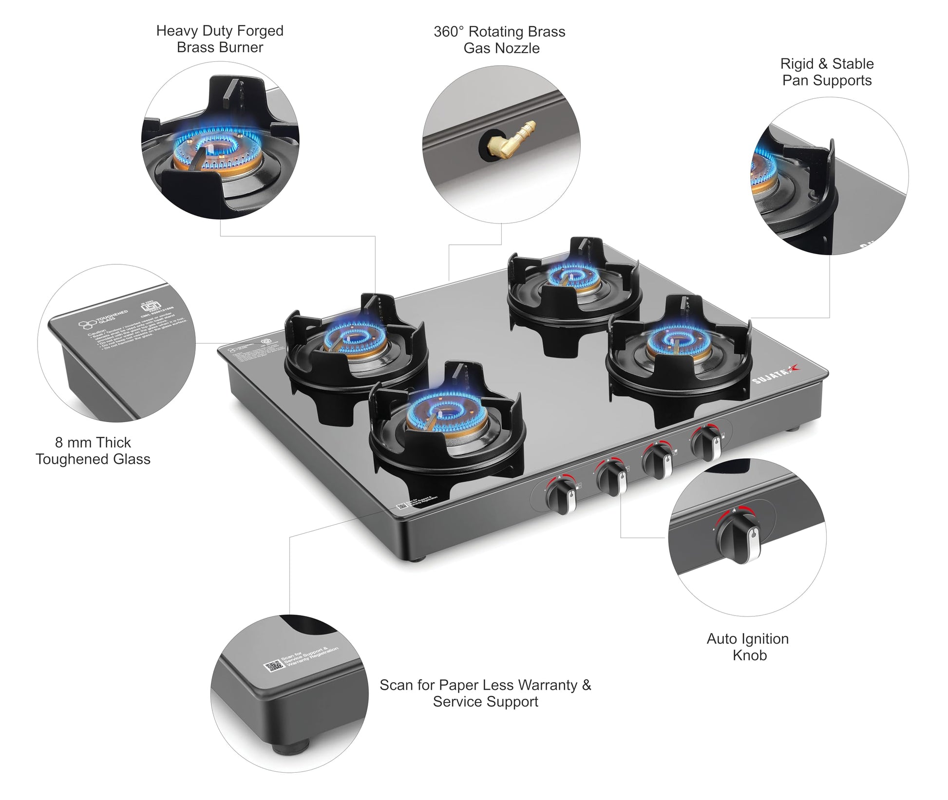 Sujata Deluxe Auto Ignition Gas Stove | 9 Years Warranty | Gas Stove 4 Burners Glass Top, 4 Burner Stove, SABAF, ISI Certified, LPG & PNG Compatible, Jumbo Brass Burner (Black) 