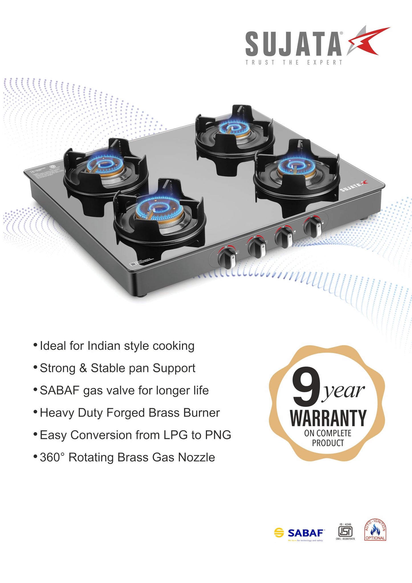 Sujata Deluxe Auto Ignition Gas Stove | 9 Years Warranty | Gas Stove 4 Burners Glass Top, 4 Burner Stove, SABAF, ISI Certified, LPG & PNG Compatible, Jumbo Brass Burner (Black) 