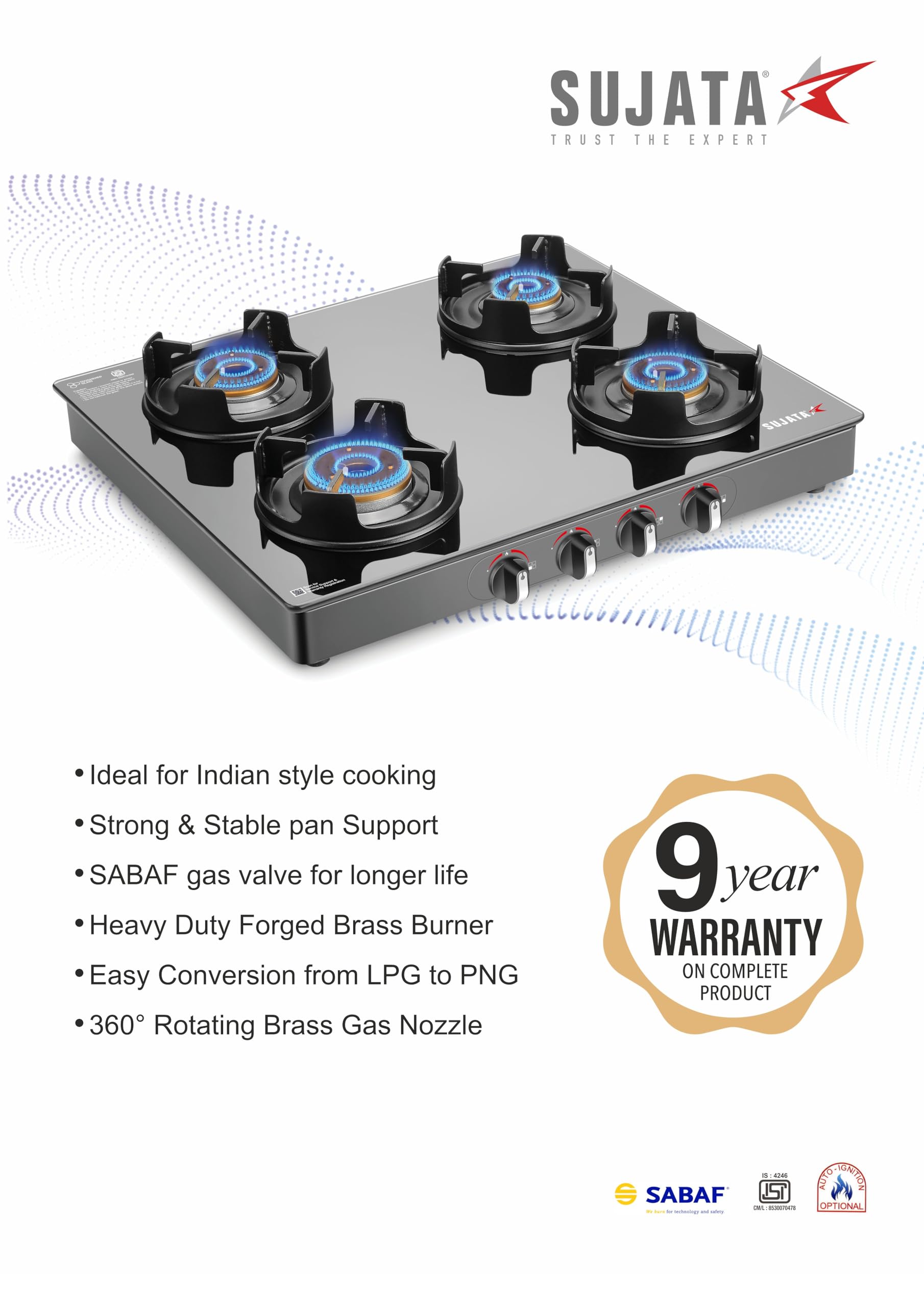 Sujata Deluxe Auto Ignition Gas Stove | 9 Years Warranty | Gas Stove 4 Burners Glass Top, 4 Burner Stove, SABAF, ISI Certified, LPG & PNG Compatible, Jumbo Brass Burner (Black) 