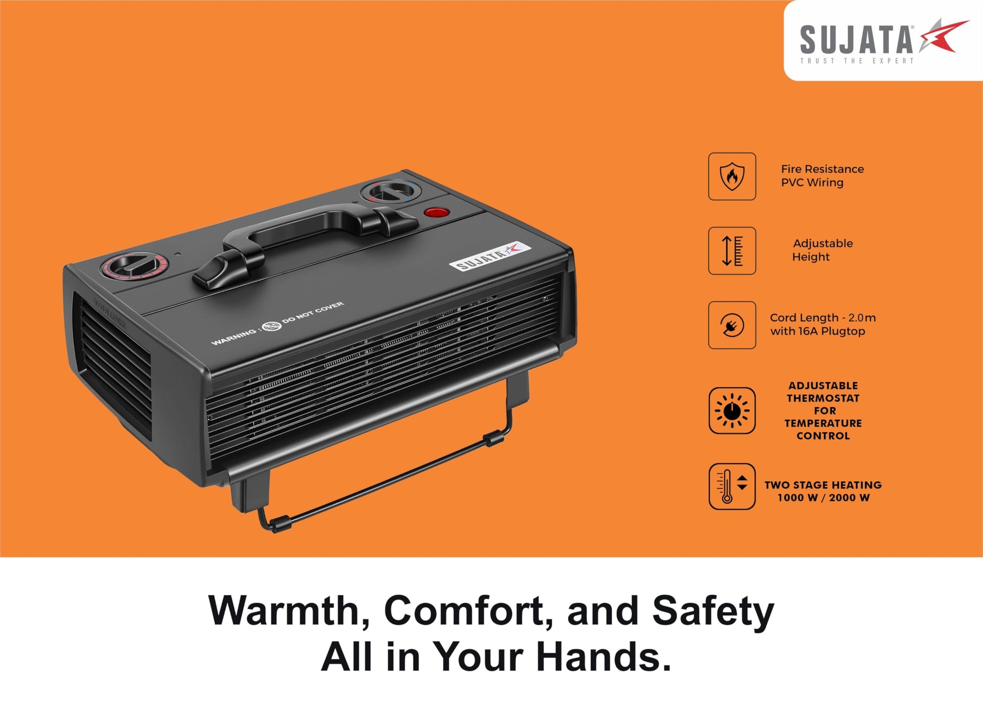 Sujata Heat Convector | 1 Year Warranty, 2000W | Room Heater for Bedroom, Heater for Room in Winter, Fire Resistance PVC Wiring, Adjustable Height & Thermostast for Temperature Control (SRH36- Black) 