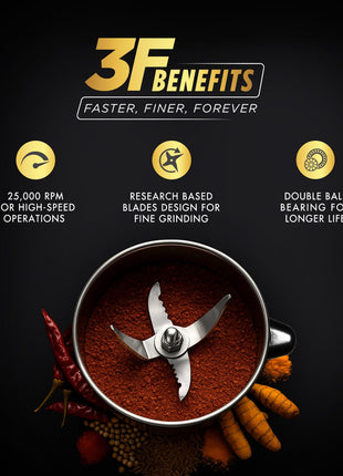 Sujata MG01 Mixer Grinder|1000 Watts Double Ball Bearing Motor|25000 RPM| Non-Stop 90 Mins Running|3 Jars including 1750ml Blender, 1000ml Grinder, 500ml Chutney Jar| (Black) 