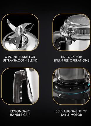 Sujata MG01 Mixer Grinder|1000 Watts Double Ball Bearing Motor|25000 RPM| Non-Stop 90 Mins Running|3 Jars including 1750ml Blender, 1000ml Grinder, 500ml Chutney Jar| (Black) 