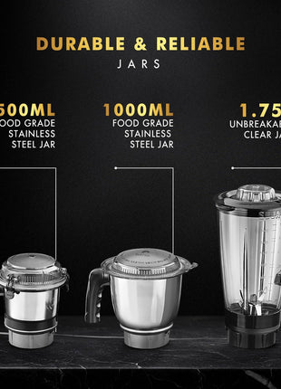 Sujata MG01 Mixer Grinder|1000 Watts Double Ball Bearing Motor|25000 RPM| Non-Stop 90 Mins Running|3 Jars including 1750ml Blender, 1000ml Grinder, 500ml Chutney Jar| (Black) 