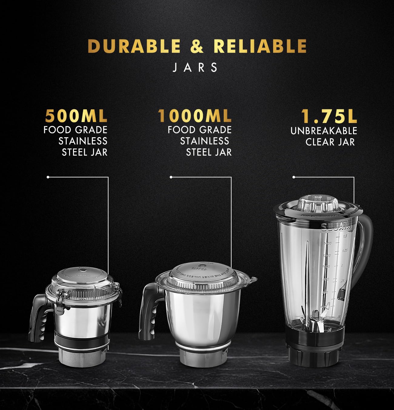 Sujata MG01 Mixer Grinder|1000 Watts Double Ball Bearing Motor|25000 RPM| Non-Stop 90 Mins Running|3 Jars including 1750ml Blender, 1000ml Grinder, 500ml Chutney Jar| (Black) 