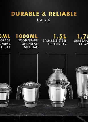Sujata MG03 Mixer Grinder|1000 Watts Double Ball Bearing Motor|25000 RPM|Non-Stop 90 Mins Running|4 Jars including 1750ml Blender with Coconut Milk Extractor, 1500ml, 1000ml, 500ml Jar| (Black) 