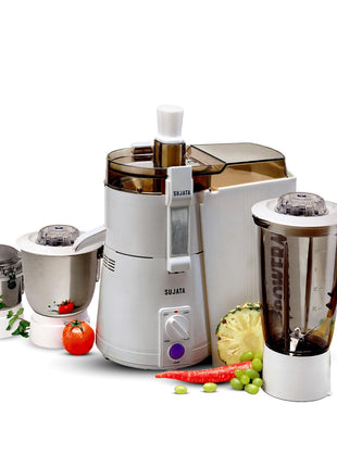 Sujata Powermatic Maxima Juicer Mixer Grinder|900 Watts Double Ball Bearing Motor|22000 RPM|Non-Stop 90 Mins Running|3 Jars including 1750ml Blender, 1000ml Grinder, 500ml Chutney Jar| (White) 