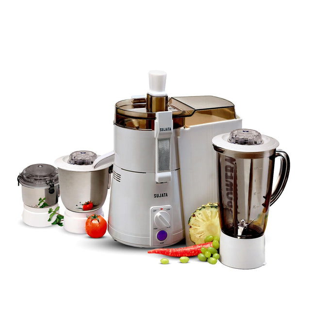 Sujata Powermatic Maxima Juicer Mixer Grinder|900 Watts Double Ball Bearing Motor|22000 RPM|Non-Stop 90 Mins Running|3 Jars including 1750ml Blender, 1000ml Grinder, 500ml Chutney Jar| (White) 