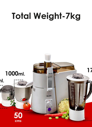 Sujata Powermatic Maxima Juicer Mixer Grinder|900 Watts Double Ball Bearing Motor|22000 RPM|Non-Stop 90 Mins Running|3 Jars including 1750ml Blender, 1000ml Grinder, 500ml Chutney Jar| (White) 