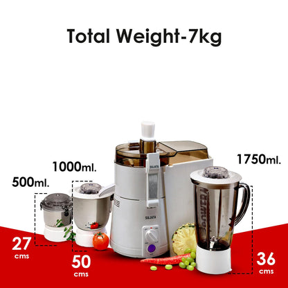 Sujata Powermatic Maxima Juicer Mixer Grinder|900 Watts Double Ball Bearing Motor|22000 RPM|Non-Stop 90 Mins Running|3 Jars including 1750ml Blender, 1000ml Grinder, 500ml Chutney Jar| (White) 
