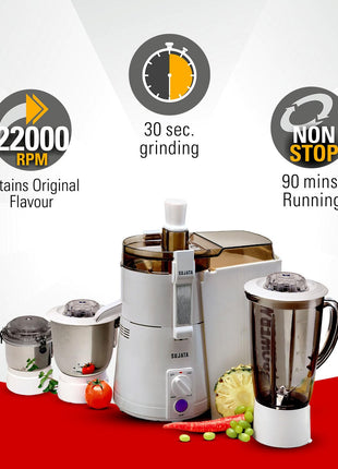 Sujata Powermatic Maxima Juicer Mixer Grinder|900 Watts Double Ball Bearing Motor|22000 RPM|Non-Stop 90 Mins Running|3 Jars including 1750ml Blender, 1000ml Grinder, 500ml Chutney Jar| (White) 