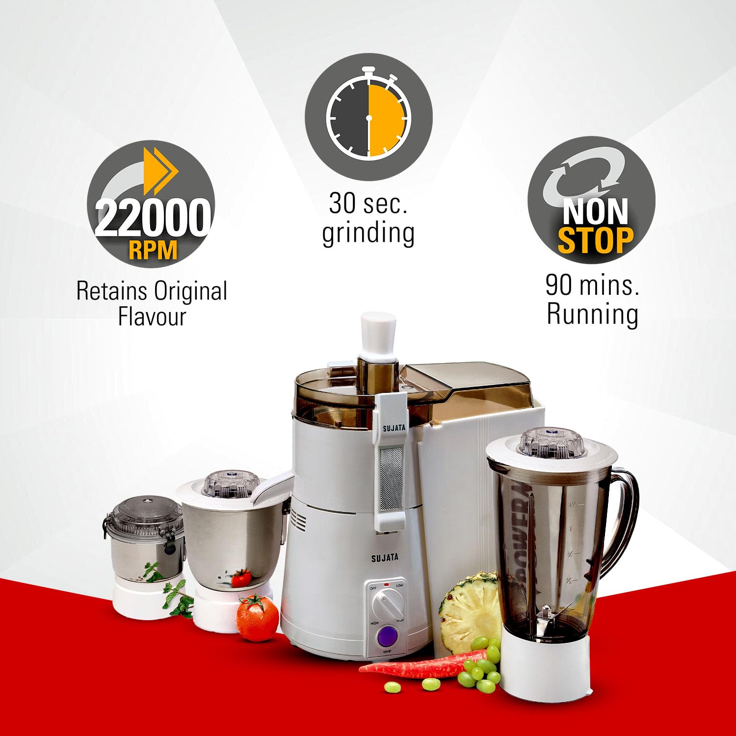 Sujata Powermatic Maxima Juicer Mixer Grinder|900 Watts Double Ball Bearing Motor|22000 RPM|Non-Stop 90 Mins Running|3 Jars including 1750ml Blender, 1000ml Grinder, 500ml Chutney Jar| (White) 