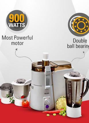 Sujata Powermatic Maxima Juicer Mixer Grinder|900 Watts Double Ball Bearing Motor|22000 RPM|Non-Stop 90 Mins Running|3 Jars including 1750ml Blender, 1000ml Grinder, 500ml Chutney Jar| (White) 