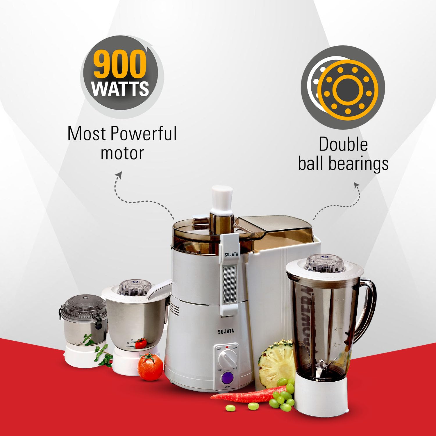 Sujata Powermatic Maxima Juicer Mixer Grinder|900 Watts Double Ball Bearing Motor|22000 RPM|Non-Stop 90 Mins Running|3 Jars including 1750ml Blender, 1000ml Grinder, 500ml Chutney Jar| (White) 
