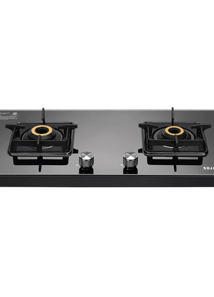 Sujata Premium Gas Stove | 9 Years Warranty | 2 burner gas stove, 2 Burner Gas Stove Glass Top, SABAF, ISI Certified, LPG & PNG Compatible, 360° Rotating Brass Gas Nozzle, Brass Burner (Black) 