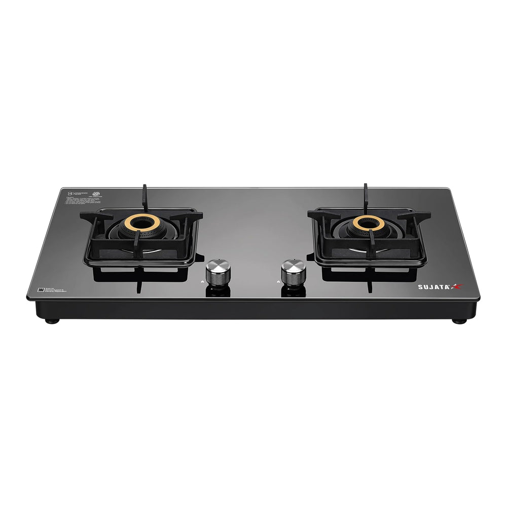 Sujata Premium Gas Stove | 9 Years Warranty | 2 burner gas stove, 2 Burner Gas Stove Glass Top, SABAF, ISI Certified, LPG & PNG Compatible, 360° Rotating Brass Gas Nozzle, Brass Burner (Black)