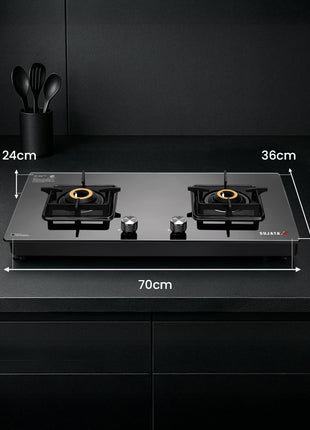 Sujata Premium Gas Stove | 9 Years Warranty | 2 burner gas stove, 2 Burner Gas Stove Glass Top, SABAF, ISI Certified, LPG & PNG Compatible, 360° Rotating Brass Gas Nozzle, Brass Burner (Black) 