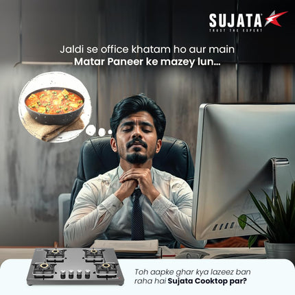 Sujata Premium Gas Stove | 9 Years Warranty | 4 Burner Gas Stove Glass Top, SABAF, ISI Certified, LPG & PNG Compatible, 360° Rotating Brass Gas Nozzle, Jumbo Brass Burner (Black) 