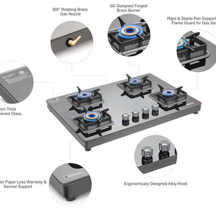 Sujata Premium Gas Stove | 9 Years Warranty | 4 Burner Gas Stove Glass Top, SABAF, ISI Certified, LPG & PNG Compatible, 360° Rotating Brass Gas Nozzle, Jumbo Brass Burner (Black) 